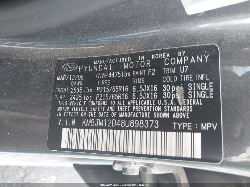 2008 Hyundai Tucson Gls VIN: KM8JM12B48U898373 Lot: 42212532