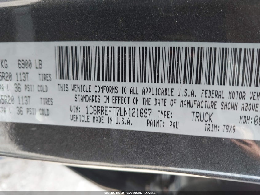 2020 RAM 1500 VIN: 1C6RREFT7LN121697