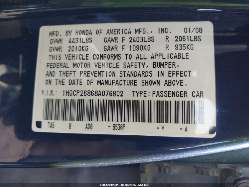 2008 HONDA ACCORD VIN: 1HGCP26868A076802