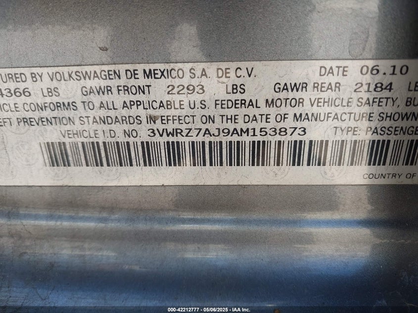 2010 VOLKSWAGEN JETTA VIN: 3VWRZ7AJ9AM153873
