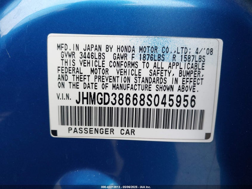 2008 HONDA FIT VIN: JHMGD38668S045956