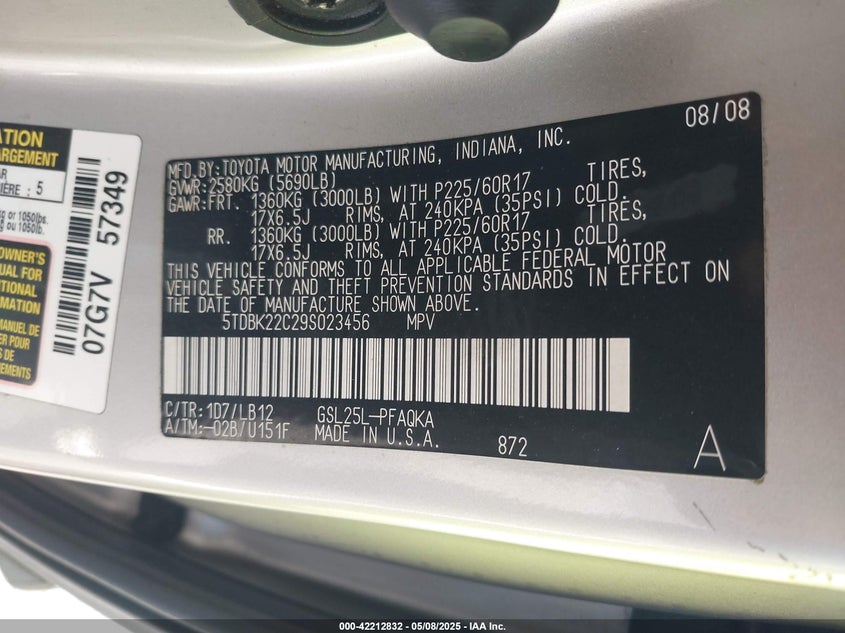 2009 TOYOTA SIENNA VIN: 5TDBK22C29S023456