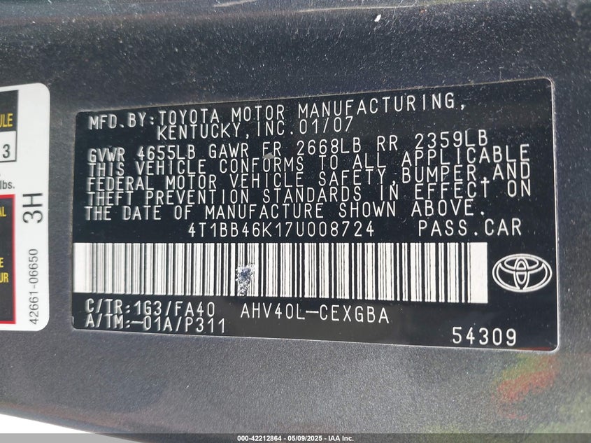 2007 TOYOTA CAMRY HYBRID VIN: 4T1BB46K17U008724