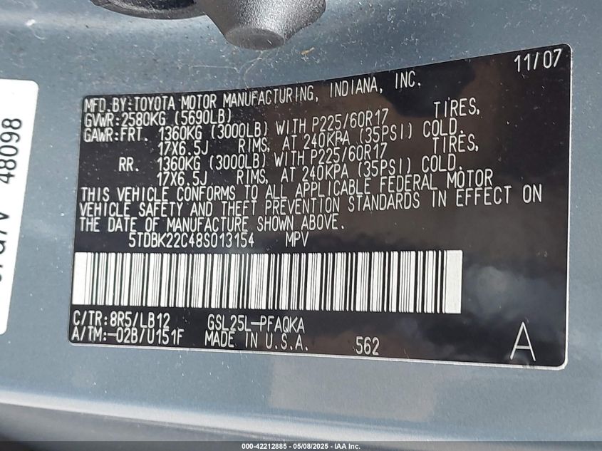 2008 Toyota Sienna Limited VIN: 5TDBK22C48S013154 Lot: 42212885