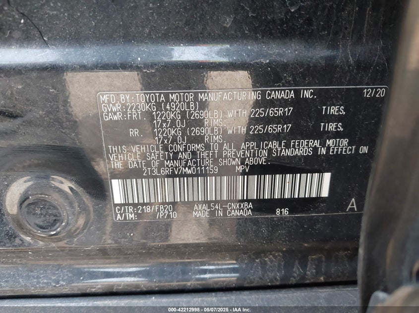 2021 TOYOTA RAV4 HYBRID VIN: 2T3L6RFV7MW011159