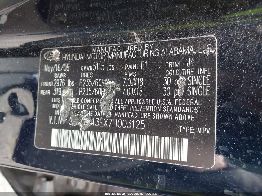 2007 HYUNDAI SANTA FE VIN: 5NMSH13EX7H003125