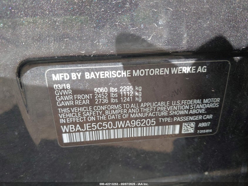 2018 BMW 540I WBAJE5C50JWA96205