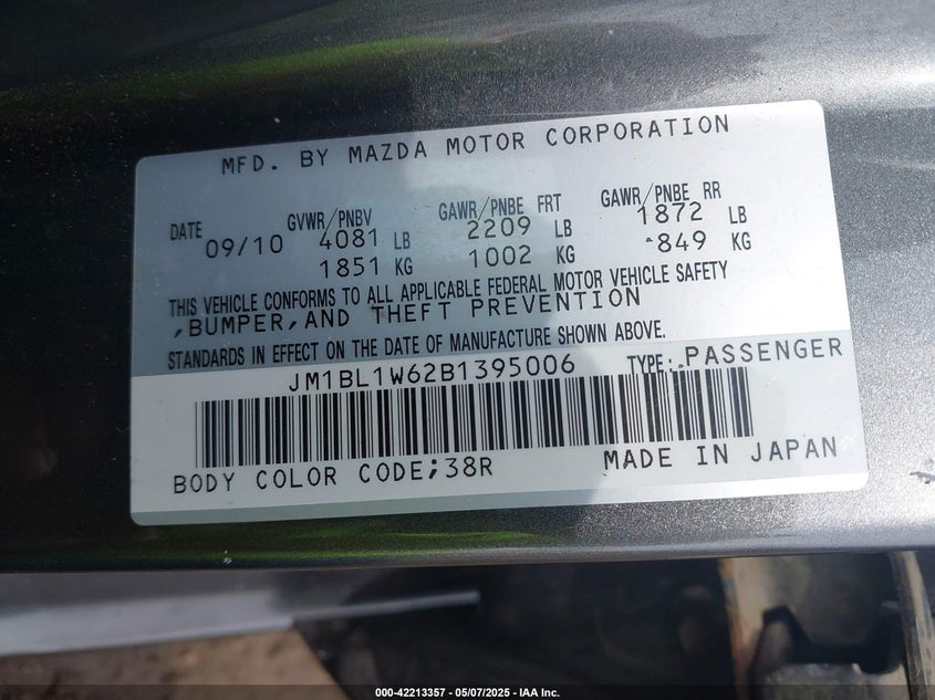 2011 MAZDA MAZDA3 VIN: JM1BL1W62B1395006