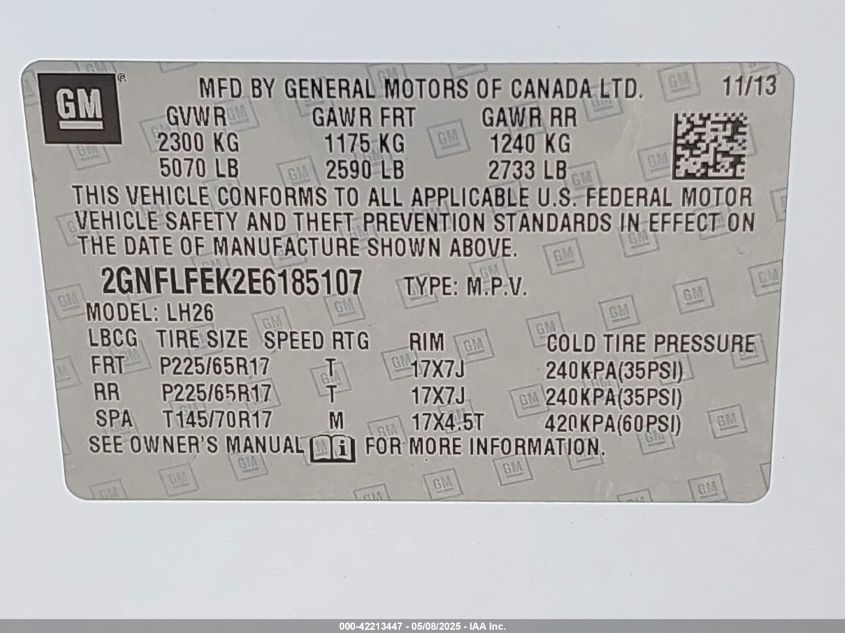 2014 Chevrolet Equinox 1Lt VIN: 2GNFLFEK2E6185107 Lot: 42213447