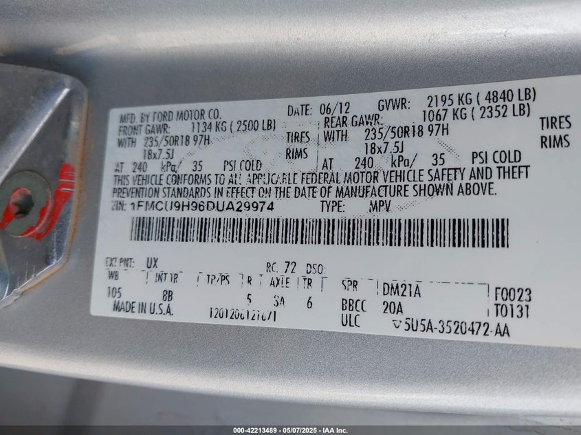 2013 FORD ESCAPE VIN: 1FMCU9H96DUA29974