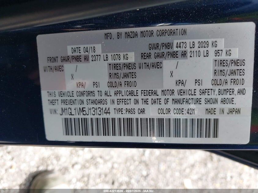 2018 MAZDA MAZDA6 TOURING - JM1GL1VM5J1313144