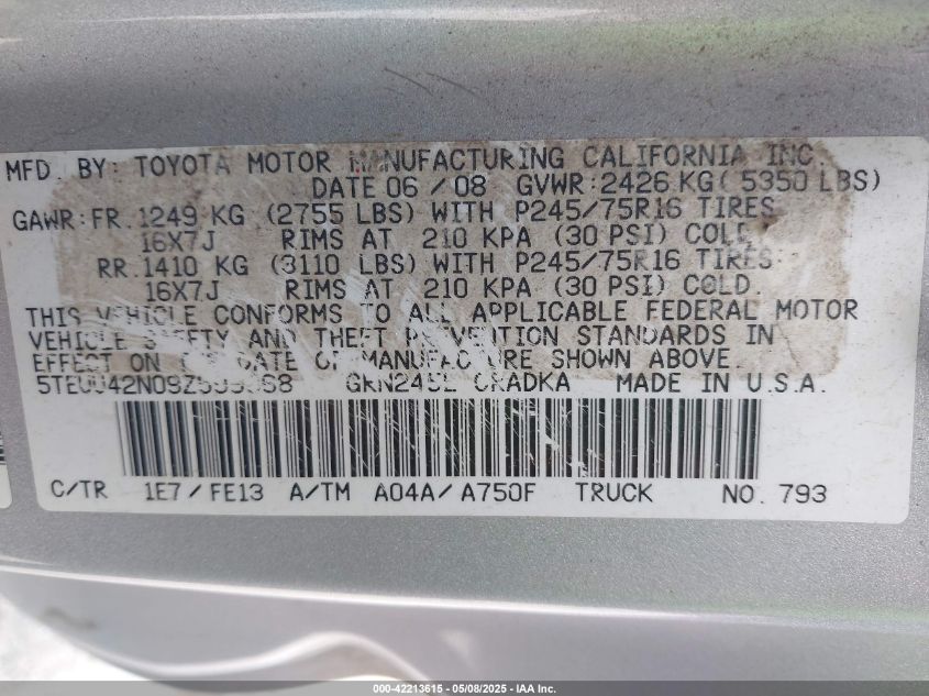 2009 Toyota Tacoma Base V6 VIN: 5TEUU42N19Z614865 Lot: 42213615