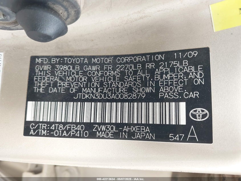2010 TOYOTA PRIUS VIN: JTDKN3DU3A0082879