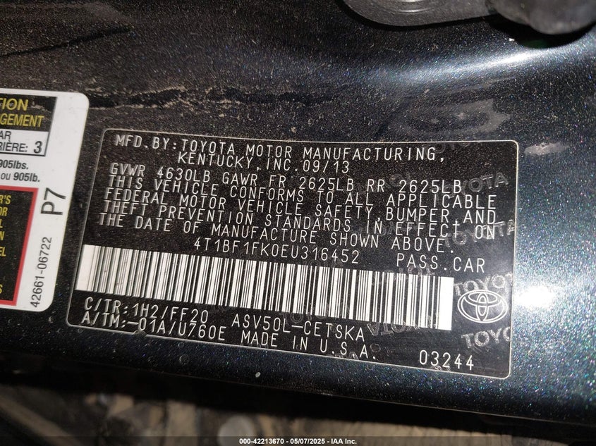 2014 TOYOTA CAMRY VIN: 4T1BF1FK0EU316452
