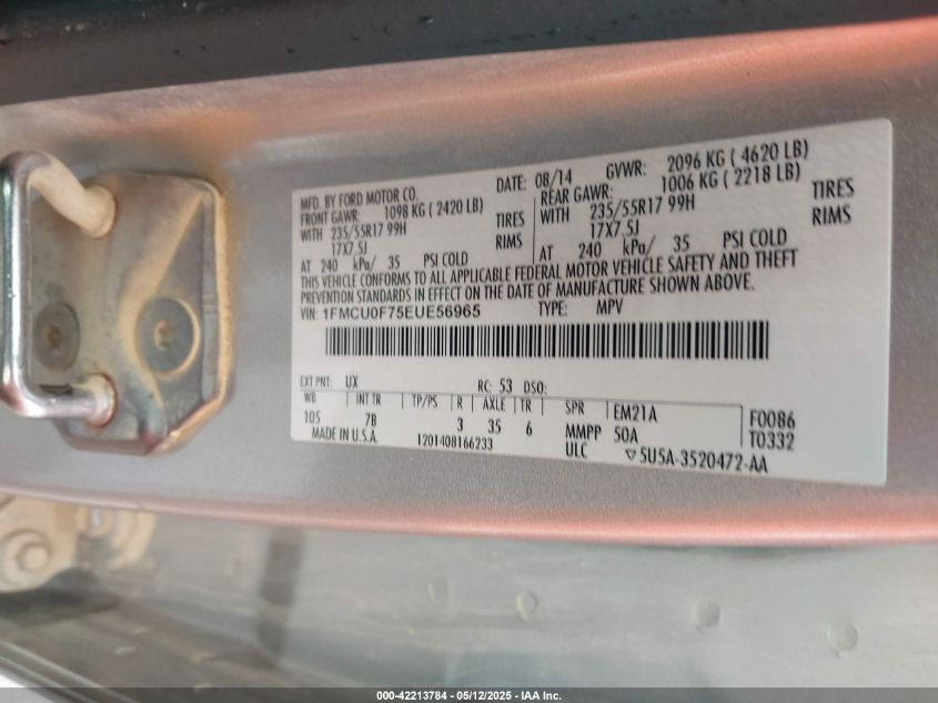 2014 Ford Escape S VIN: 1FMCU0F75EU56965 Lot: 42213784