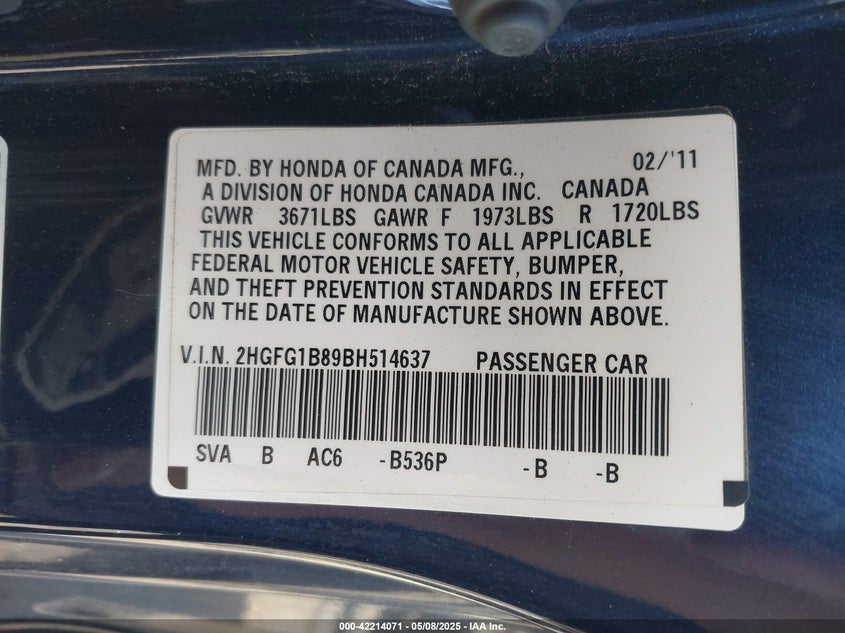 2011 HONDA CIVIC VIN: 2HGFG1B89BH514637