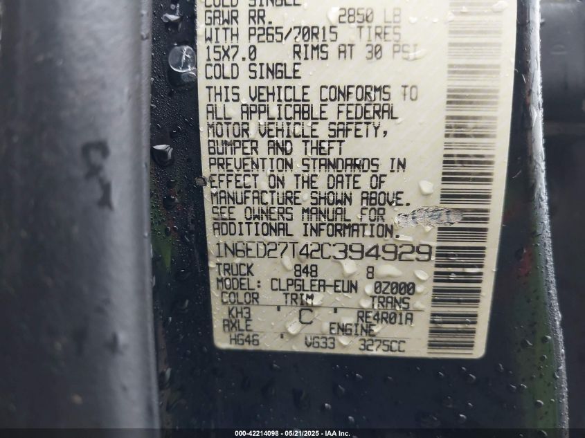 2002 Nissan Frontier Xe-V6 VIN: 1N6ED27T42C394929 Lot: 42214098