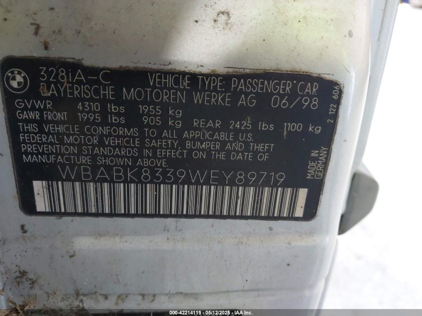 1998 BMW 328Ic VIN: WBABK8339WEY89719 Lot: 42214119