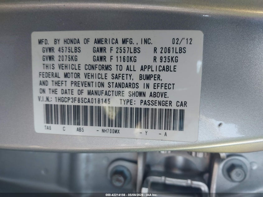 2012 HONDA ACCORD VIN: 1HGCP3F85CA018145