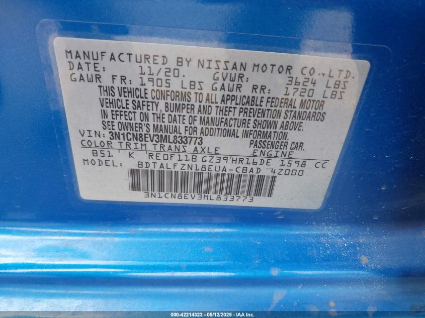 2021 Nissan Versa Sv Xtronic Cvt VIN: 3N1CN8EV3ML833773 Lot: 42214323