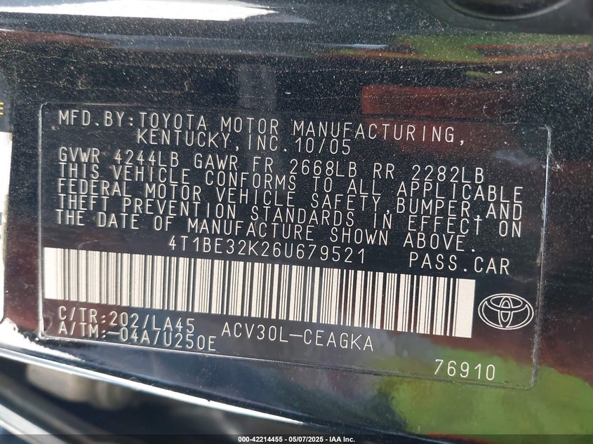 2006 TOYOTA CAMRY VIN: 4T1BE32K26U679521