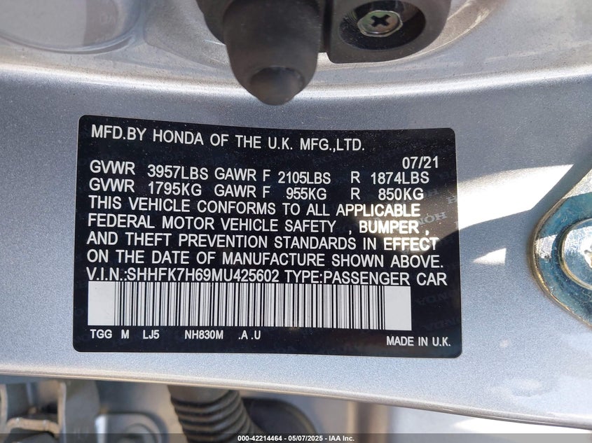 VIN SHHFK7H69MU425602 2021 HONDA CIVIC EX