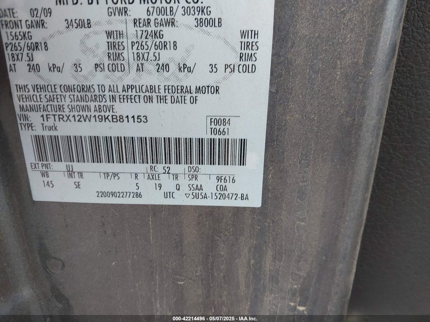 1FTRX12W19KB81153 2009 FORD F-150 photo no. 9