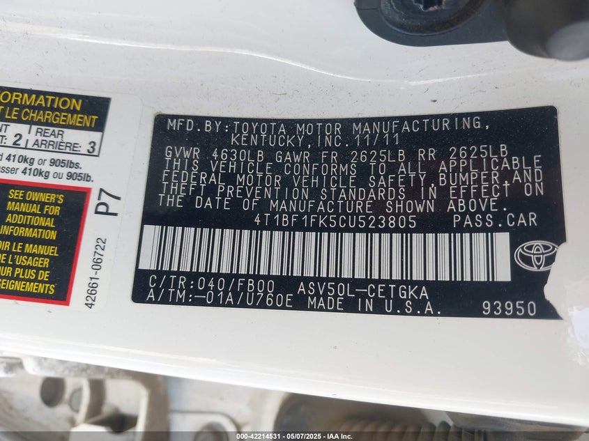2012 TOYOTA CAMRY VIN: 4T1BF1FK5CU523805