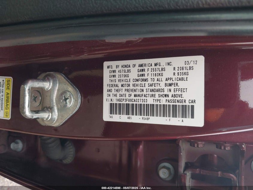2012 HONDA ACCORD VIN: 1HGCP3F89CA027303