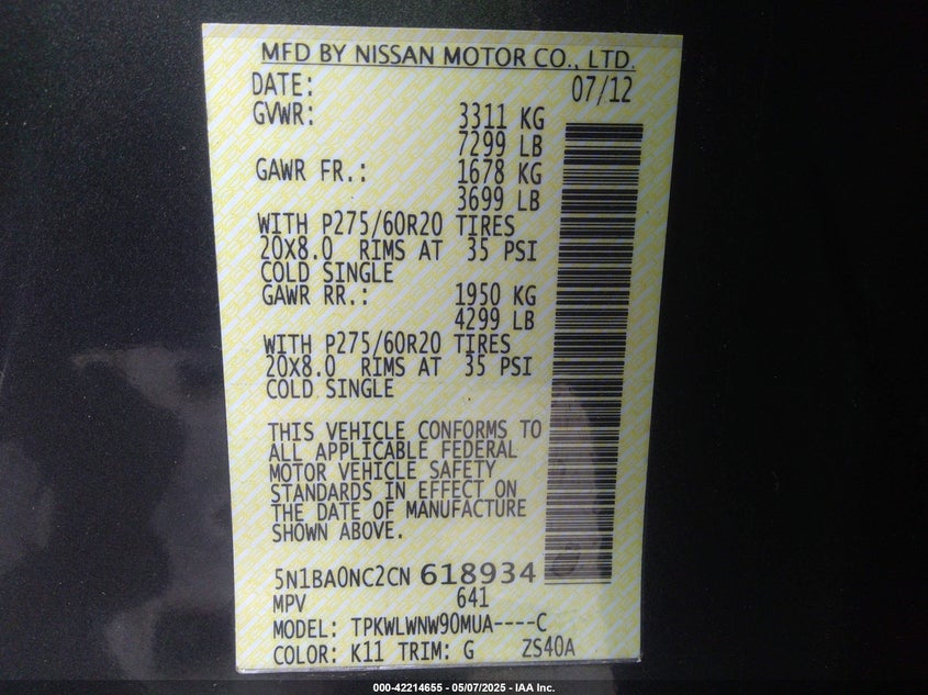 2012 NISSAN ARMADA VIN: 5N1BA0NC2CN618934
