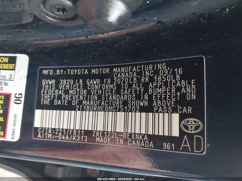 VIN 2T1BURHE0HC751702 2017 TOYOTA COROLLA LE
