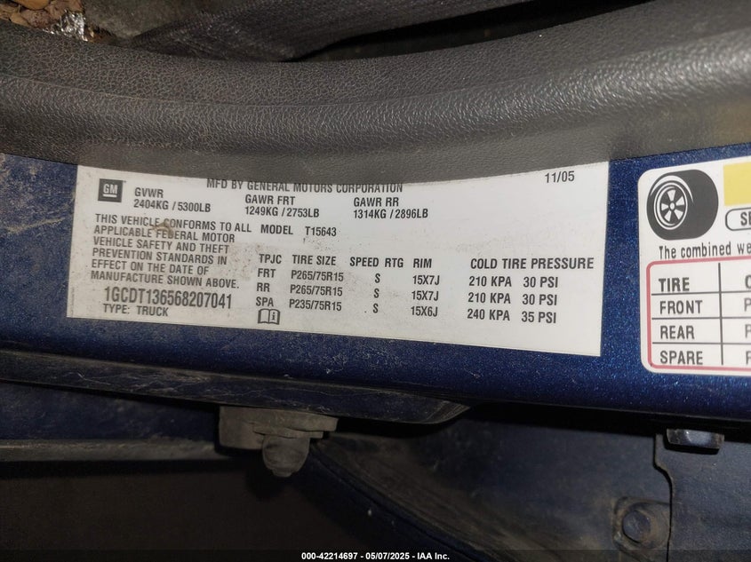 2006 CHEVROLET COLORADO VIN: 1GCDT136568207041