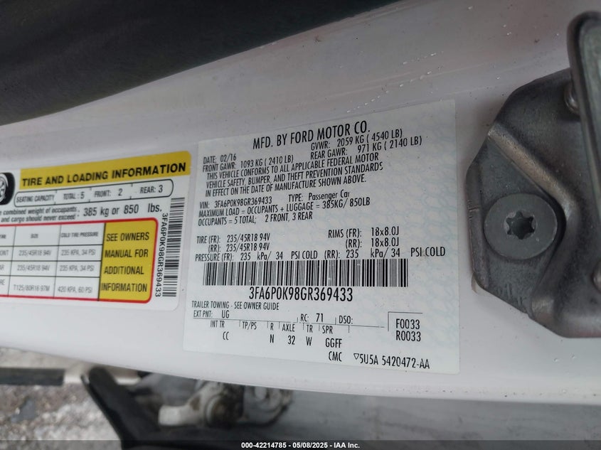 2016 FORD FUSION VIN: 3FA6P0K98GR369433