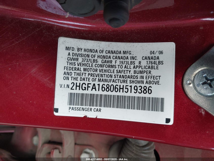 2006 HONDA CIVIC VIN: 2HGFA16806H519386
