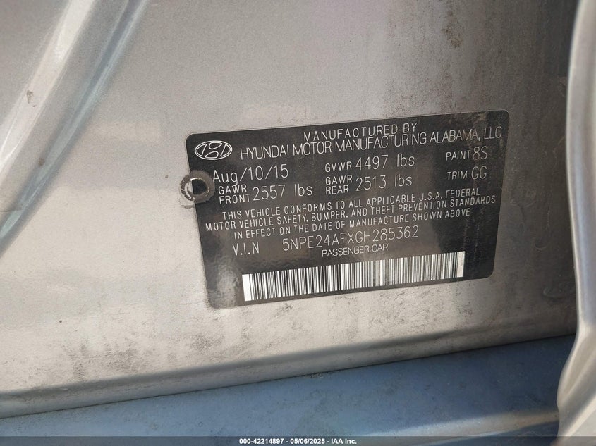 2016 HYUNDAI SONATA VIN: 5NPE24AFXGH285362