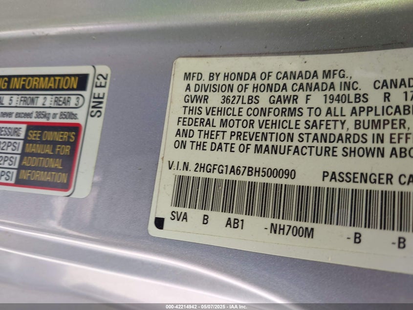 2011 HONDA CIVIC VIN: 2HGFG1A67BH500090