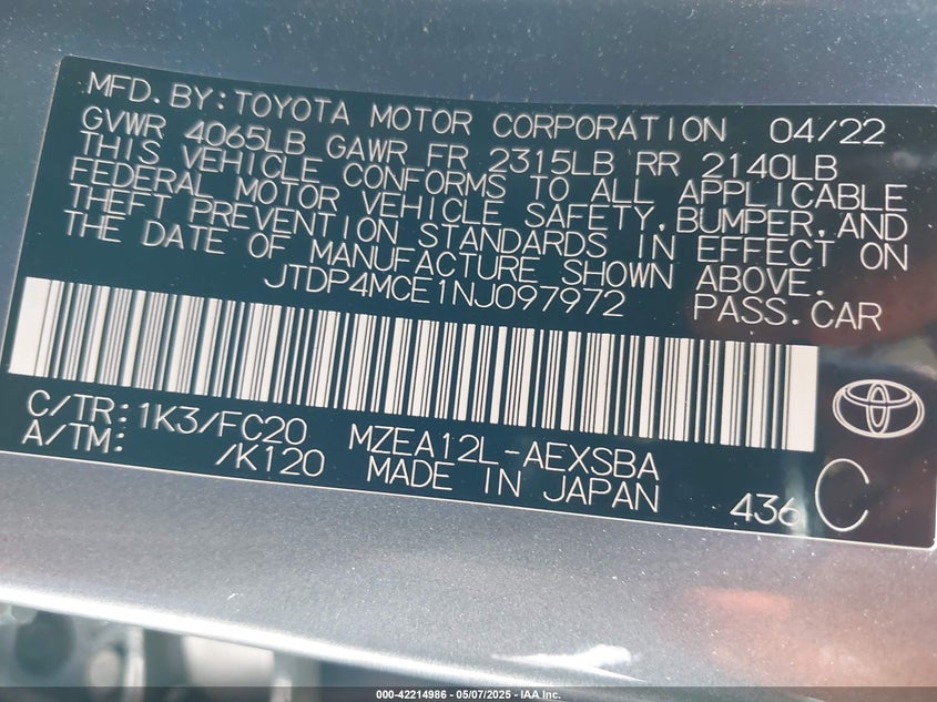Image 9 of 2022 Toyota Corolla  salvage vehicle - Lot #42214986 at IAAI