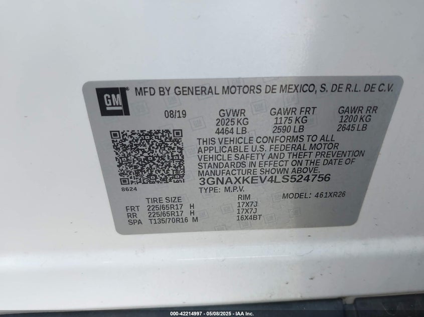 VIN 3GNAXKEV4LS524756 2020 CHEVROLET EQUINOX LT