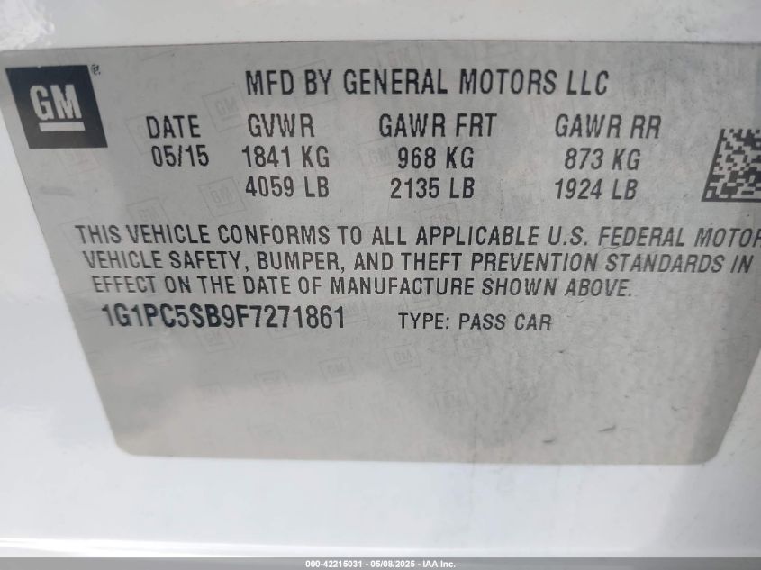 2015 Chevrolet Cruze 1Lt Auto VIN: 1G1PC5SB9F7271861 Lot: 42215031