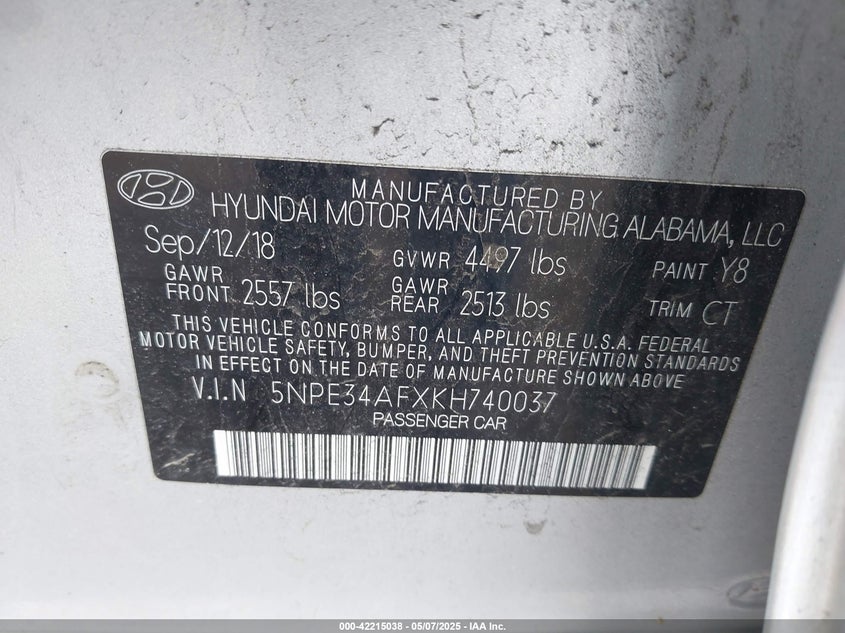 VIN 5NPE34AFXKH740037 2019 HYUNDAI SONATA SPORT