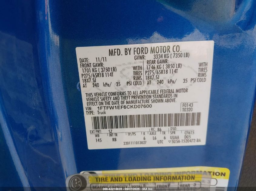 2012 Ford F-150 Fx4 VIN: 1FTFW1EF6CKD07600 Lot: 42215039