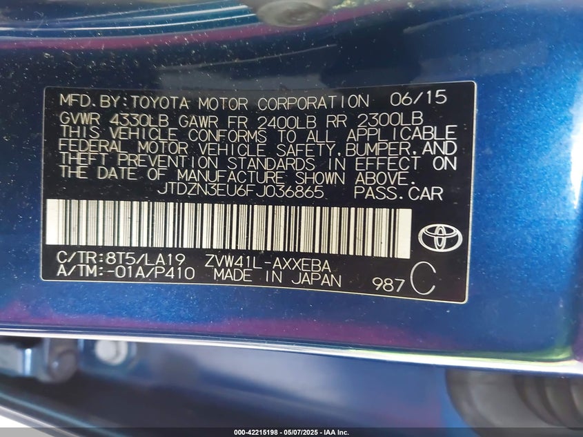 2015 TOYOTA PRIUS V VIN: JTDZN3EU6FJ036865