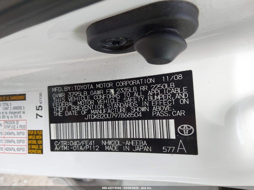 2009 TOYOTA PRIUS VIN: JTDKB20U797868504
