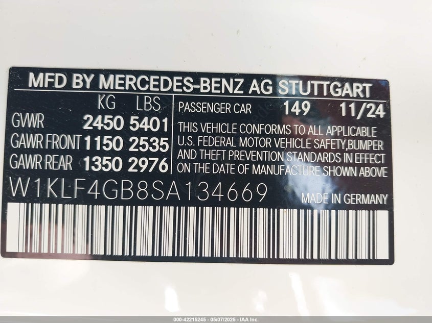 2025 MERCEDES-BENZ E VIN: W1KLF4GB8SA134669