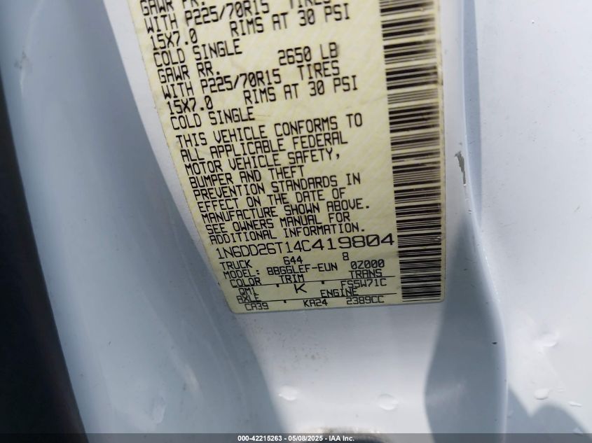 2004 Nissan Frontier Xe VIN: 1N6DD26T14C419804 Lot: 42215263