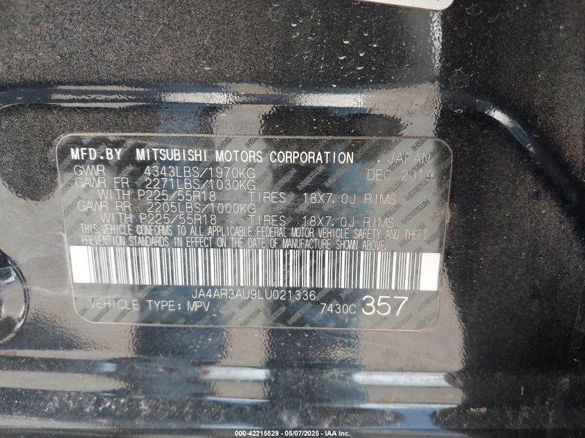 2020 MITSUBISHI OUTLANDER SPORT 2.0 BE AWC/2.0 ES AWC/2.0 SE AWC/2.0 SP AWC - JA4AR3AU9LU021336