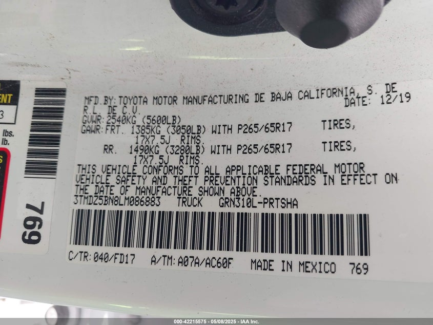 2020 TOYOTA TACOMA VIN: 3TMDZ5BN8LM086883