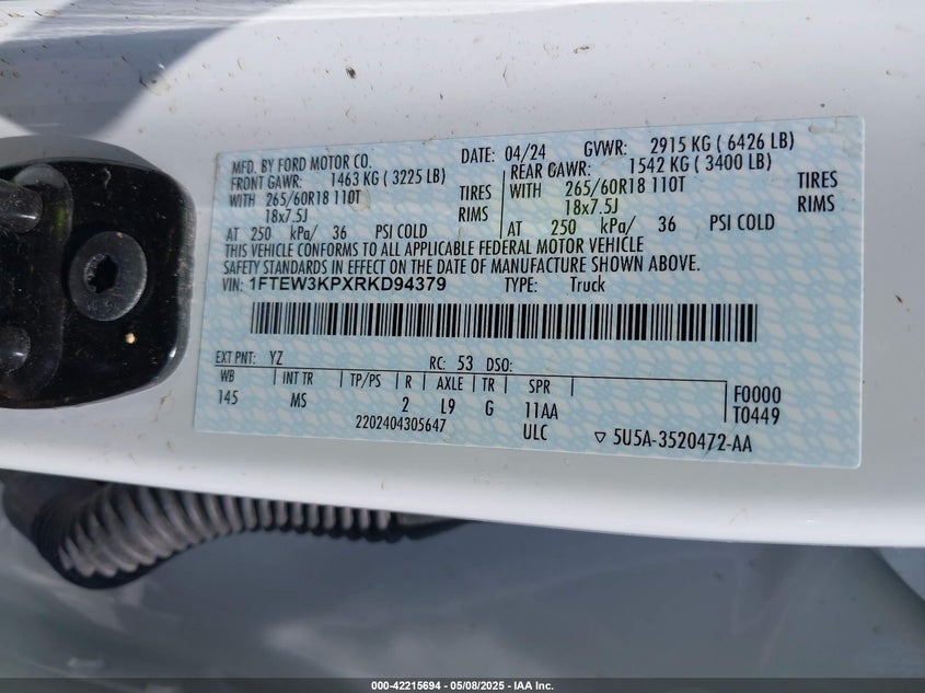 2024 FORD F-150 VIN: 1FTEW3KPXRKD94379