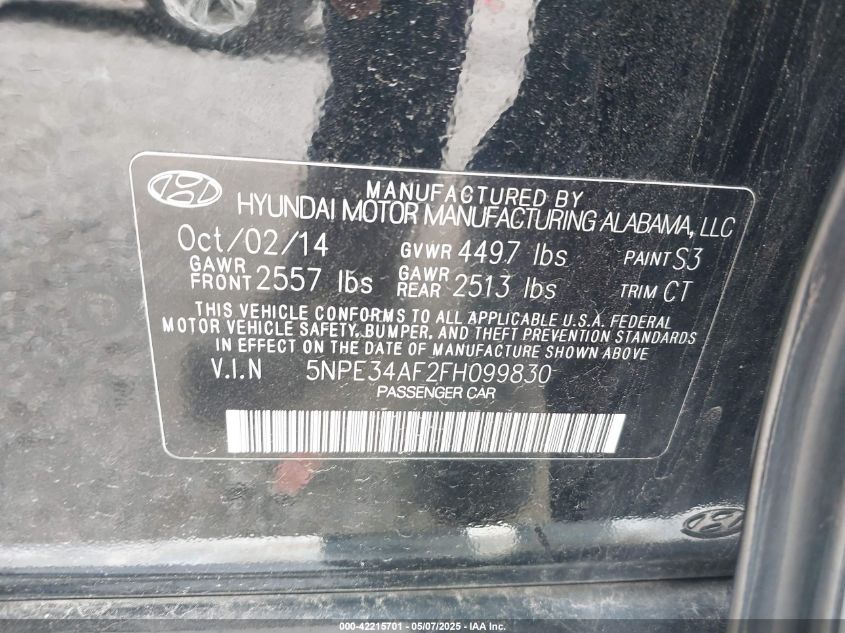 2015 Hyundai Sonata Sport VIN: 5NPE34AF2FH099830 Lot: 42215701