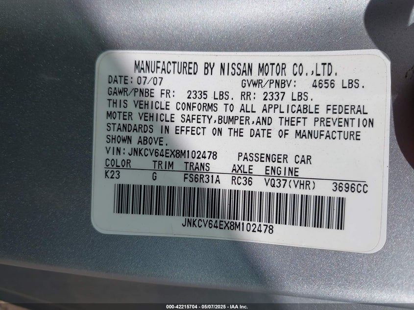 2008 INFINITI G37 VIN: JNKCV64EX8M102478